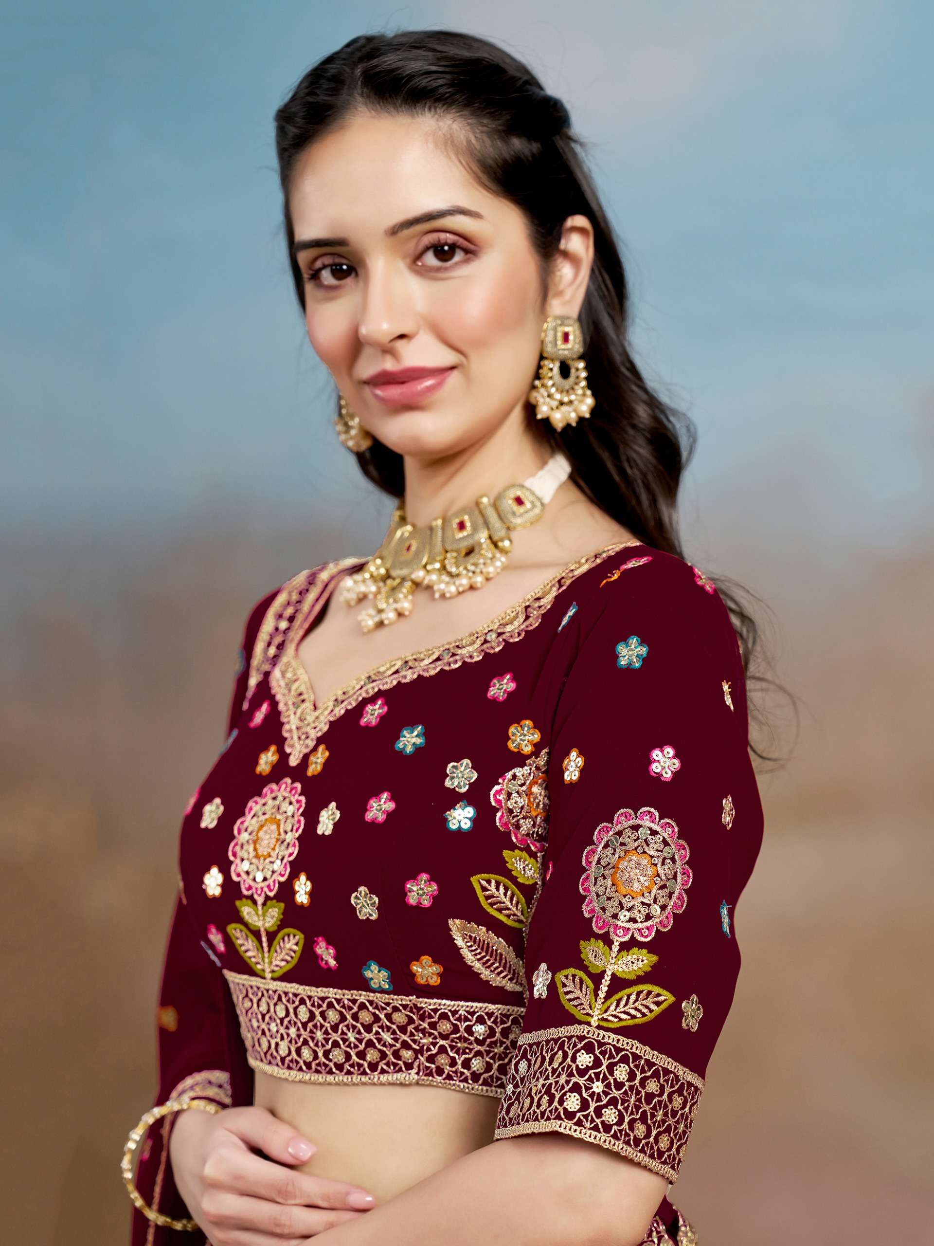 Regal Maroon Multicolor with Floral and Georgette fabric with Embroidered Lehenga Choli 6008 Maroon 